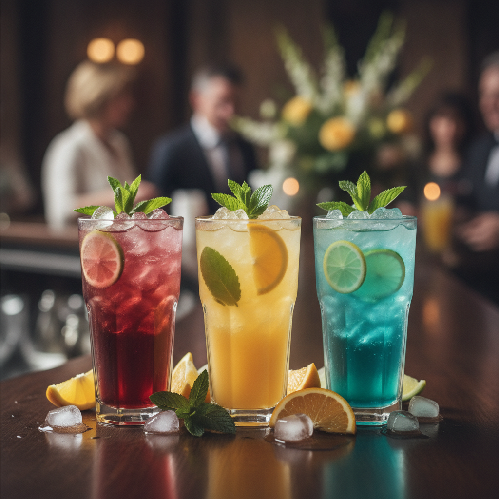 Kolorowe drinki bezalkoholowe z lodem, cytrusami i miętą w wysokich szklankach na barze eventowym.