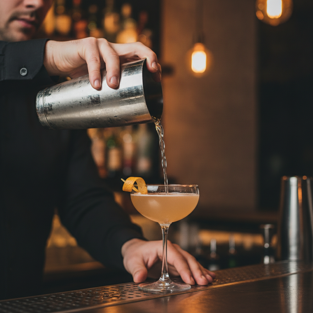 Barman przygotowujący elegancki mocktail w kieliszku coupe przy barze