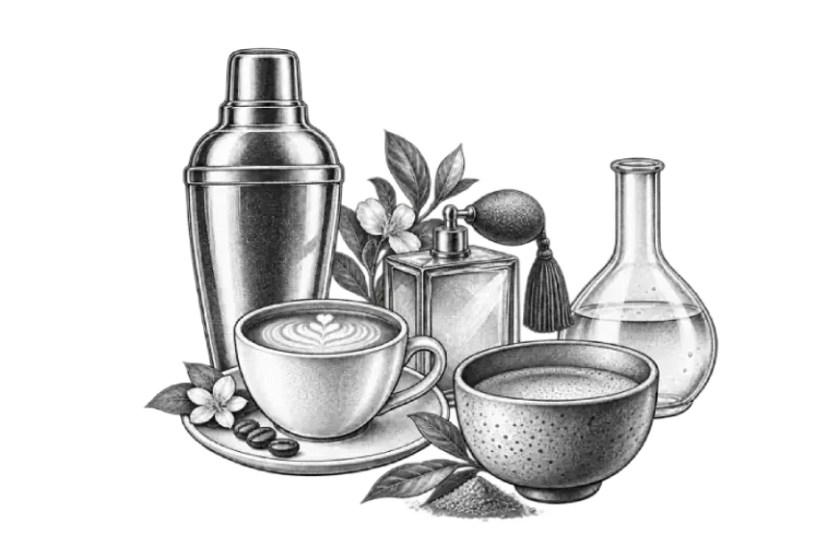 Shaker, filiżanka, flakon perfum, kolba laboratoryjna