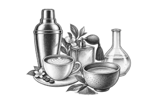 Shaker, filiżanka, flakon perfum, kolba laboratoryjna